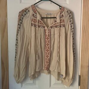 American Eagle Outfitters Cream Blouse with Red and Blue Embroidery